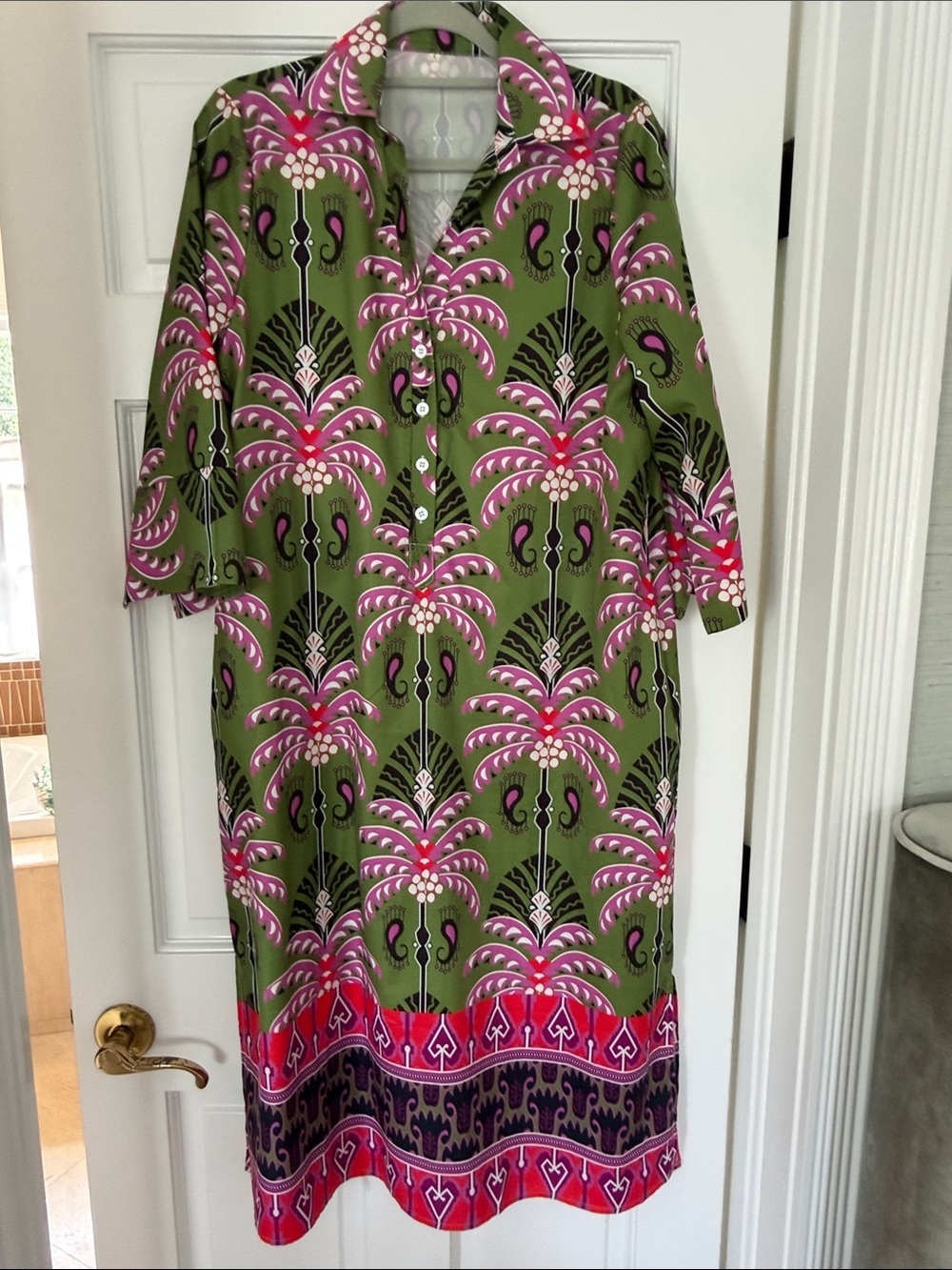 Olive Green & Pink Printed Button-Front Midi Dress, perfect caftan for Mahjong
